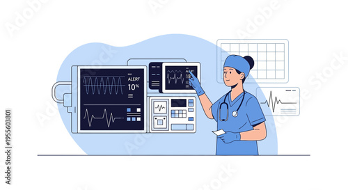 Nurse using medical monitor, vital signs, healthcare technology, modern medicine concept