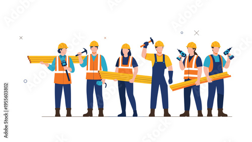Group of professional construction workers wearing safety gear and hard hats holding tools and building materials in flat vector style.