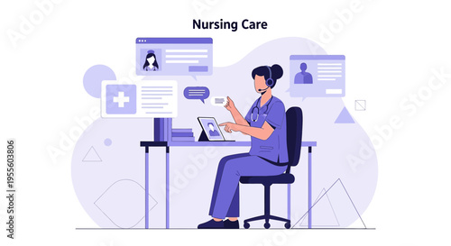 Nurse using headset and tablet for telemedicine, online medical consultation, remote patient care