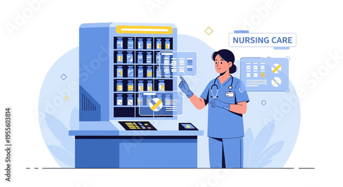 Nurse using futuristic vending machine for medical supplies and data analysis