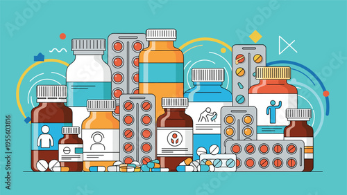 Assorted medical supplies including pill bottles, blister packs, and capsules arranged in a colorful flat vector layout on blue.