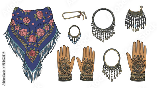 Traditional henna hand designs and ornate jewelry set including necklaces, earrings, and a decorative floral scarf in a vector illustration.