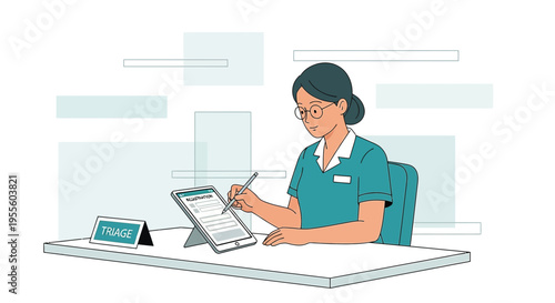 Nurse using tablet for triage at desk, modern healthcare technology concept