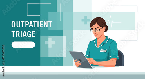 Nurse Using Tablet for Outpatient Triage, Healthcare Technology Concept