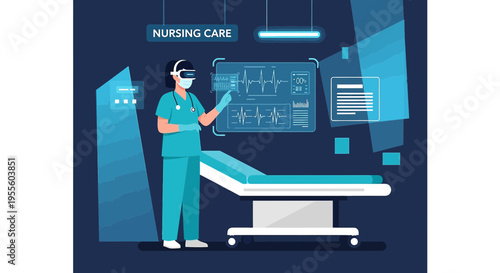 Nurse using VR headset for advanced nursing care and medical data analysis