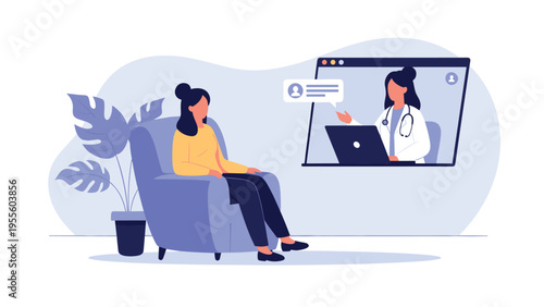 Woman sitting in a comfortable armchair at home during a telehealth consultation with a female doctor appearing on a laptop screen.