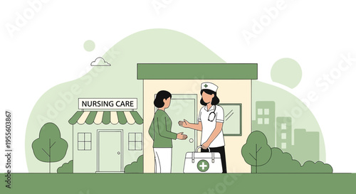 Nurse visiting patient at home, nursing care clinic exterior, medical support