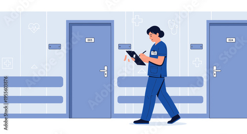 Nurse Walking Down Hospital Corridor, Taking Notes on Clipboard