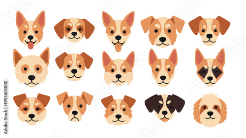 Collection of various cute dog faces with different breeds, colors, and friendly expressions isolated on a clean white background.