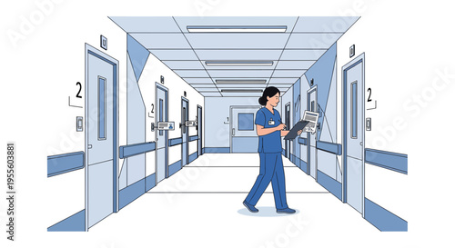 Nurse walking down hospital corridor with patient chart