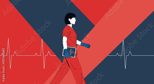 Nurse Walking with Medical Chart and Heartbeat EKG Line, Healthcare Professional Concept