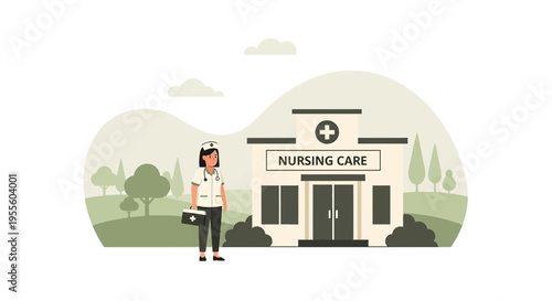 Nurse with Medical Bag Outside Nursing Care Building, Healthcare Illustration