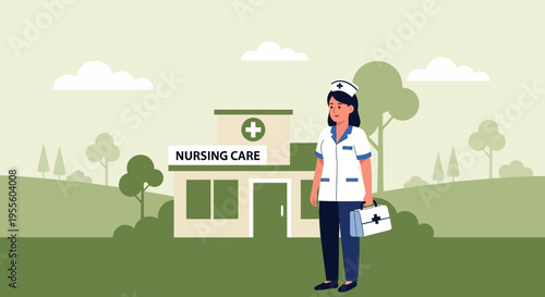 Nurse with Medical Bag Outside Nursing Care Building, Healthcare Illustration