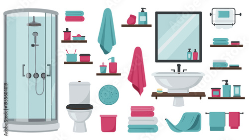 Large collection of bathroom fixtures and accessories features a shower stall, toilet, sink, mirror, and various towels and soaps.