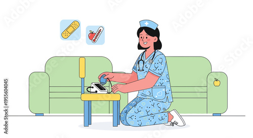 Nurse with medical equipment, playing with child's toy doctor kit