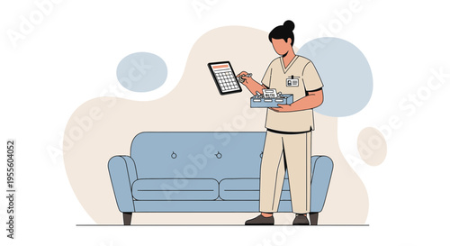 Nurse with tablet and medication box near sofa, healthcare concept