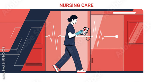 Nurse with Tablet in Modern Healthcare Setting, ECG Line Graphic