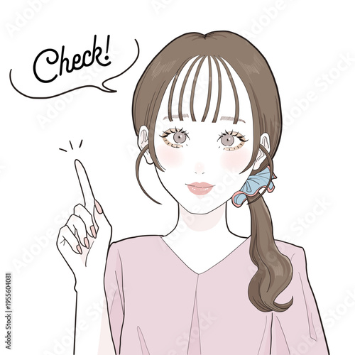 指差すポニーテール女性のイラスト。吹き出し付きで解説に最適。