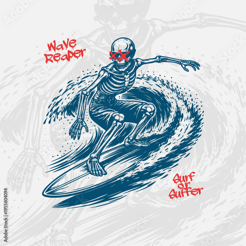 Skeleton Surfing Illustration - Streetwear Graphic