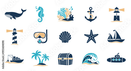 Nautical icons set for ocean and sea concepts