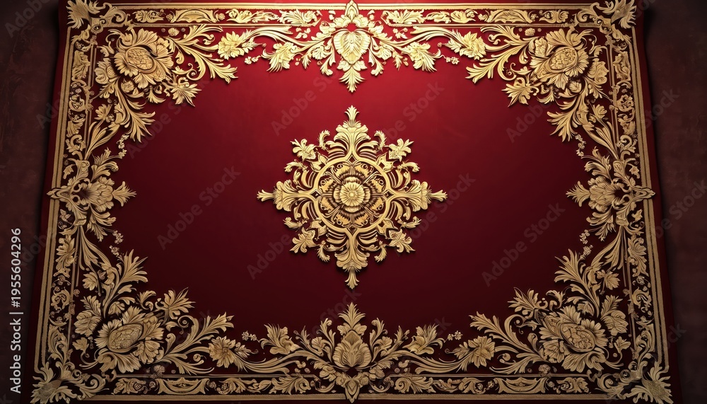 Obraz premium Rich red carpet features ornate gold floral border. Central medallion detailed with intricate filigree. Majestic design evokes luxury and royal style. Perfect for opulent interiors.