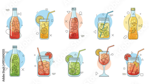 Vibrant collection of summer cocktails and refreshing drinks is presented in various bottles, glasses, and jars with fruit garnishes.