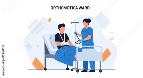 Orthomotica Ward: Nurse Cares for Injured Patient in Hospital Bed with IV Drip