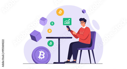 Man analyzing Bitcoin crypto chart on phone, surrounded by digital currency symbols and cubes
