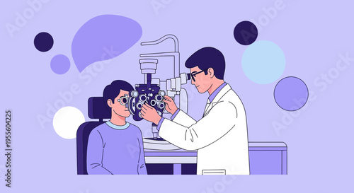 Optometrist examining patient's eyes with phoropter, eye exam, vision test, ophthalmology