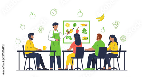 Nutritionist teaching healthy food choices to a diverse group of people in a class