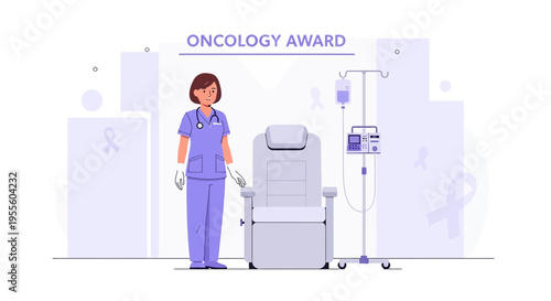 Oncology Nurse and Chemotherapy Chair with IV Drip, Cancer Treatment Concept