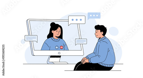 Online meeting with video call on computer screen, remote communication, teamwork