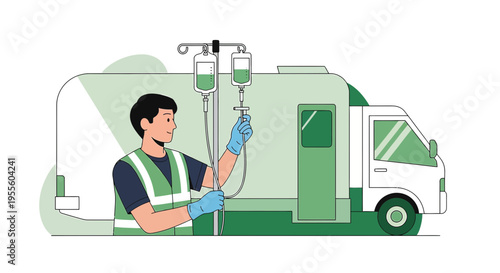 Paramedic Administering IV Drip Outside Ambulance, Medical Emergency Response