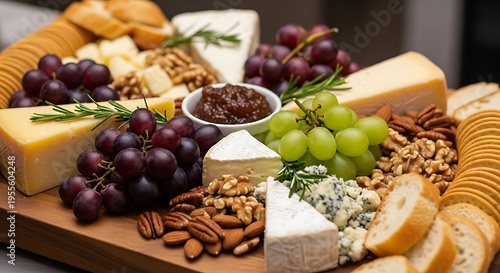 Gourmet charcuterie board with cheese, grapes, nuts, and cured meats on wooden tray