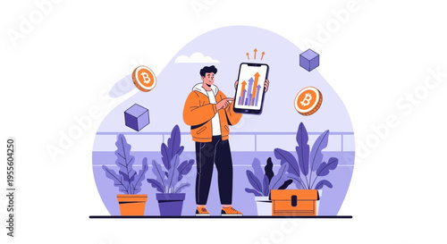 Man analyzing cryptocurrency growth on smartphone, Bitcoin, blockchain technology concept
