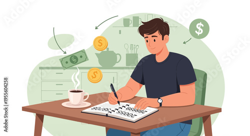 Man budgeting and calculating finances at home with money and coins flying around