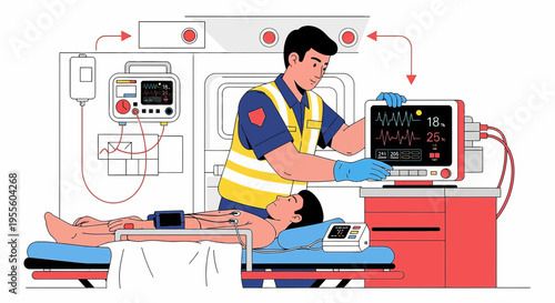 Paramedic Attends Patient in Ambulance with Medical Equipment