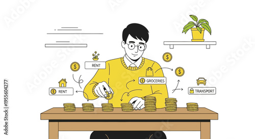 Man budgeting money, allocating coins to rent, groceries, and transport expenses