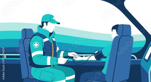 Paramedic checks patient's blood pressure inside ambulance, medical care on the go