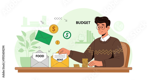 Man budgeting money, planning expenses for rent and food, financial planning concept