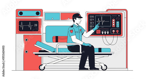 Paramedic Monitors Patient Vitals on Advanced Medical Equipment in Ambulance