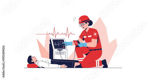 Paramedic performs CPR on patient with ECG monitor showing heart rhythm
