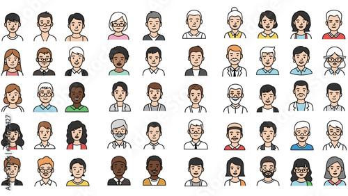 Extensive grid of diverse human avatar icons represents a wide range of ages, genders, ethnicities, and professional appearances.