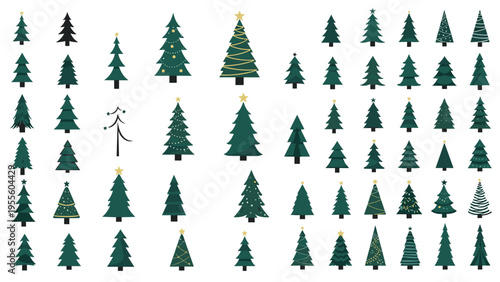 Massive variety of stylized Christmas tree icons is presented in different shades of green with various festive decorations and stars.