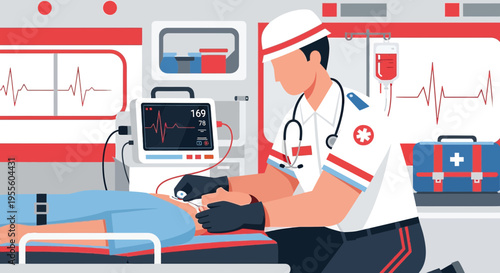 Paramedic performing CPR on patient in ambulance with medical equipment, emergency care concept