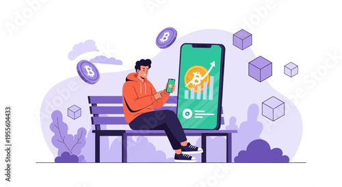 Man checking cryptocurrency investment on phone, Bitcoin growth chart on screen