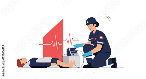 Paramedic performs CPR on patient with defibrillator, emergency medical care, heart rhythm