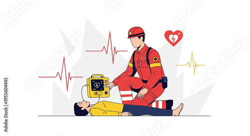 Paramedic performs CPR with AED on unconscious patient, emergency medical care