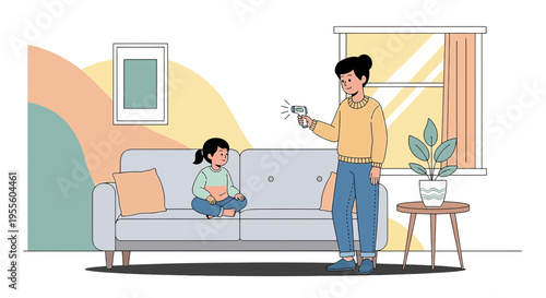 Parent checks child's temperature with infrared thermometer at home, healthcare concept