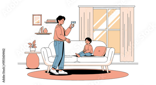 Parent checking child's temperature with thermometer at home, health check concept